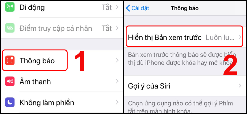 Thao tác bật hoặc tắt tính năng Hiển thị Bản xem trước